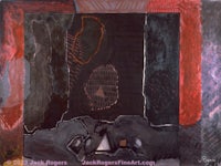 an abstract painting with red and black colors