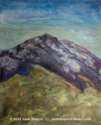 a painting of a mountain with a blue sky