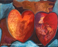 a painting of two hearts on a blue background