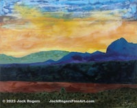 a painting of a sunset with mountains in the background