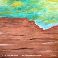 a painting of a desert landscape with a blue sky