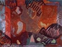 an abstract painting with red, blue, and brown colors