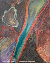 a painting of a river and mountains